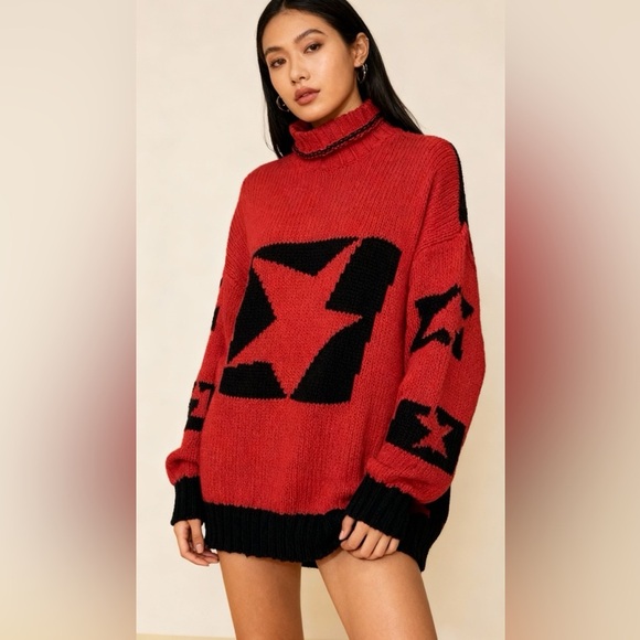 Vtg Esprit Red Black Star Sweater Cotton Sport 90s Y2K Large Womens Retro Punk - Picture 1 of 11